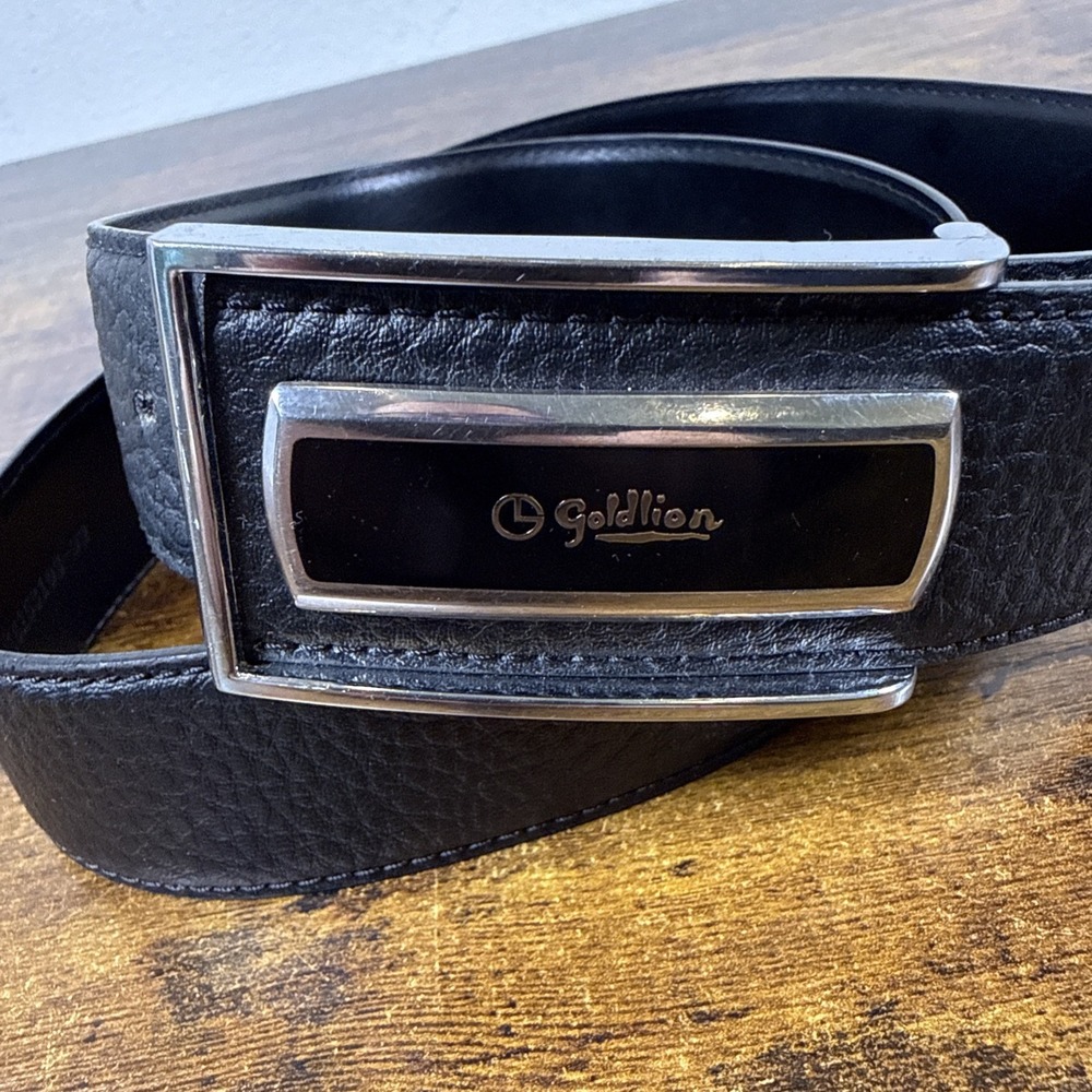 Goldlion Black Leather Belt Silver Buckle Size 44" Fits Like 36" 1100mm 35mm EUC